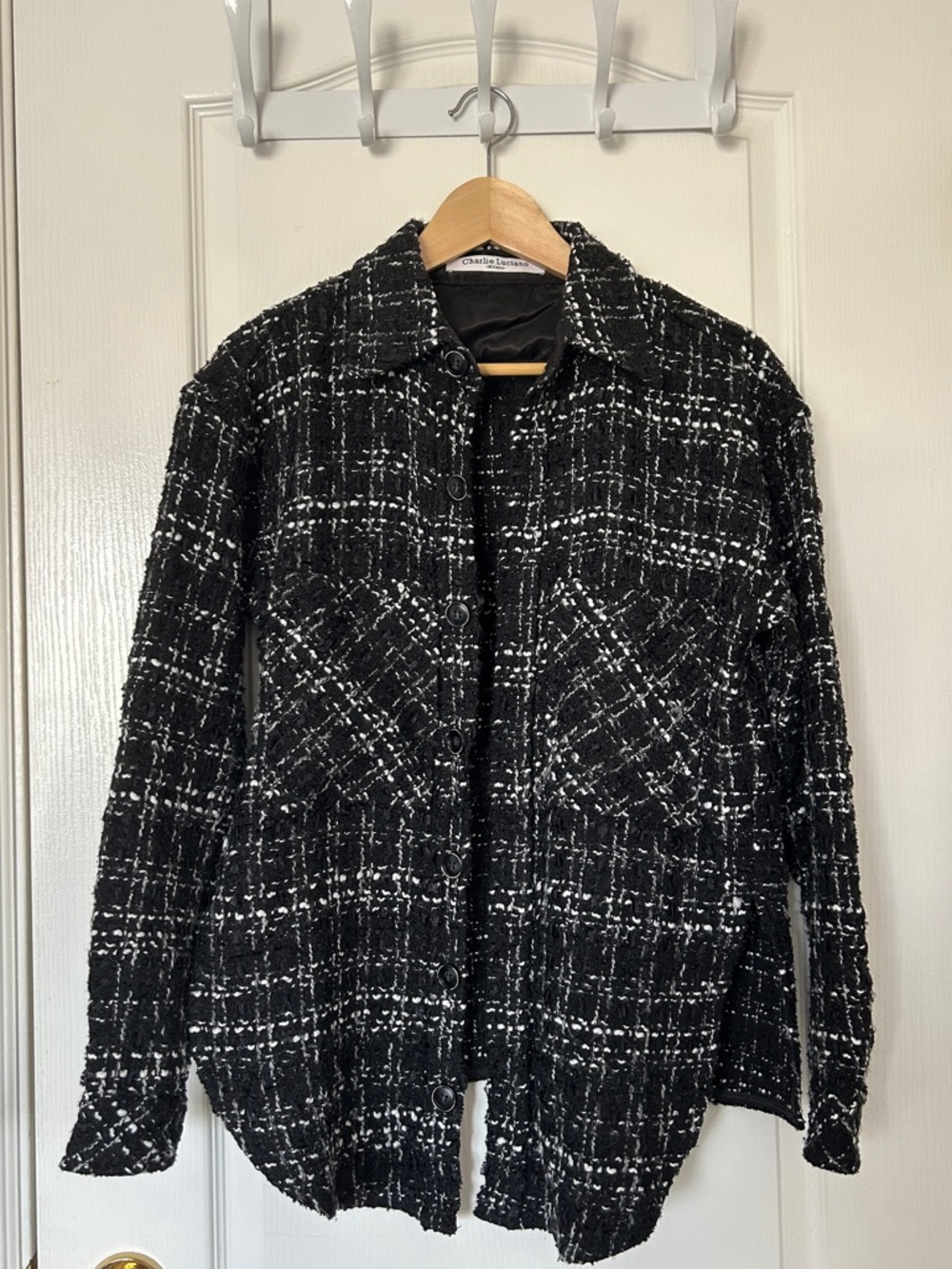 Black and White Tweed Button-Front Cardigan Jacket